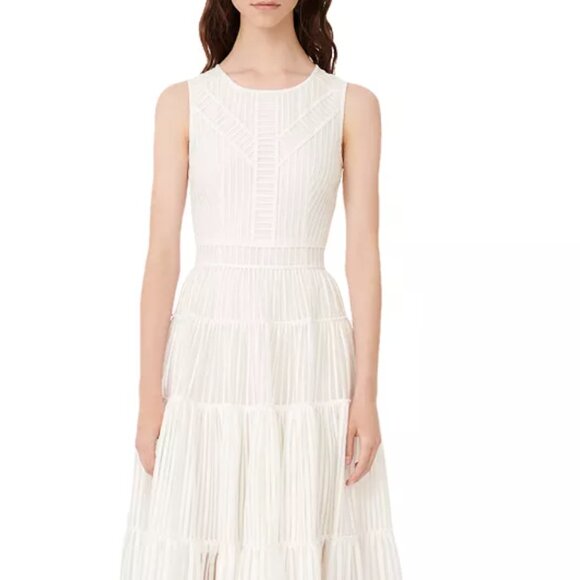 Maje White Stripe Jacquard Raya Tiered Midi Dress, Size 38 (Medium) - Picture 1 of 3